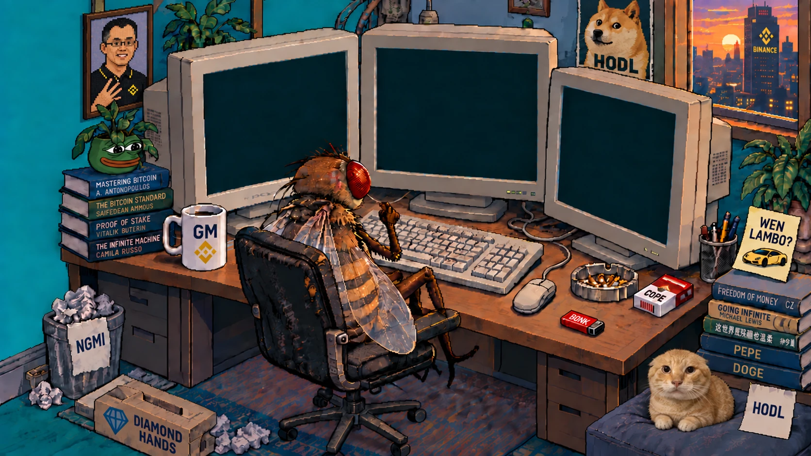 A fruit fly trading room with crypto meme decorations, Maodie the cat and a Binance-themed tower outside